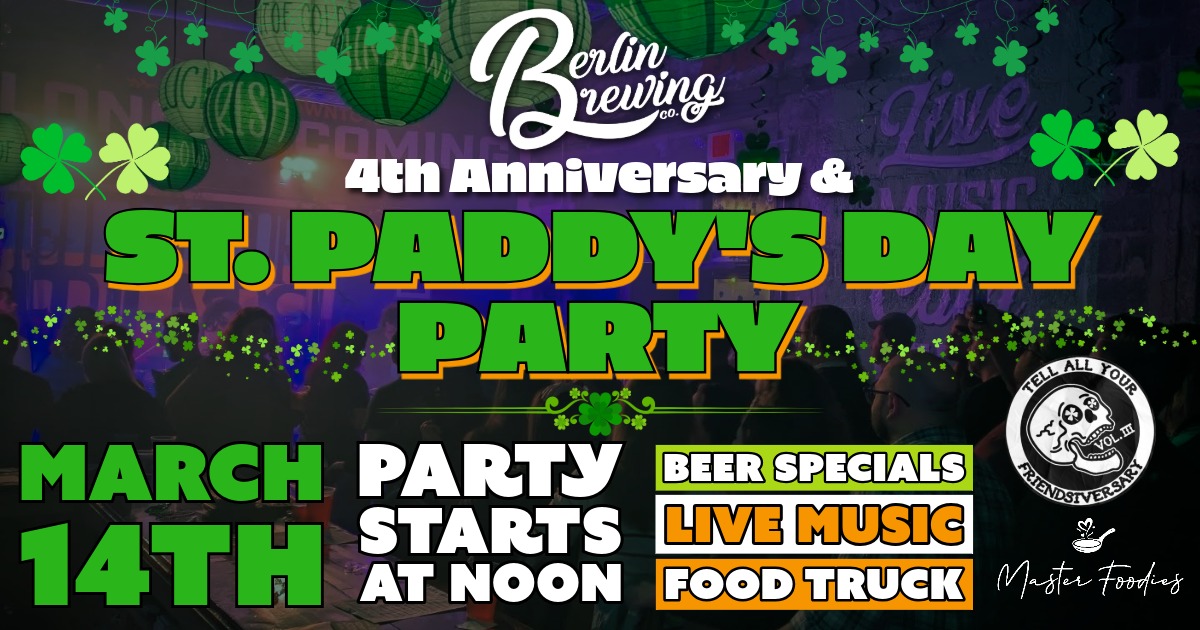 St Paddy's Day 2026 Event Header. March 14th, starts at noon. Beer specials, live music, food truck